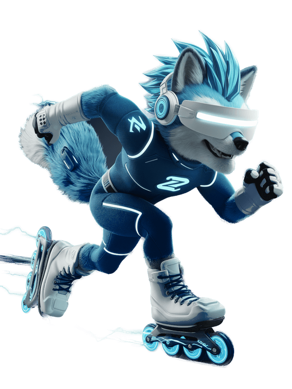 Zultrón, mascota oficial de Zulcom, lobo cyber azul con visor — plan Premium 700 Mbps